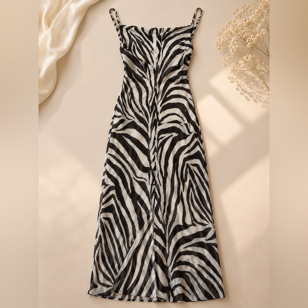 Zebra Print Slip Dress - Black and White